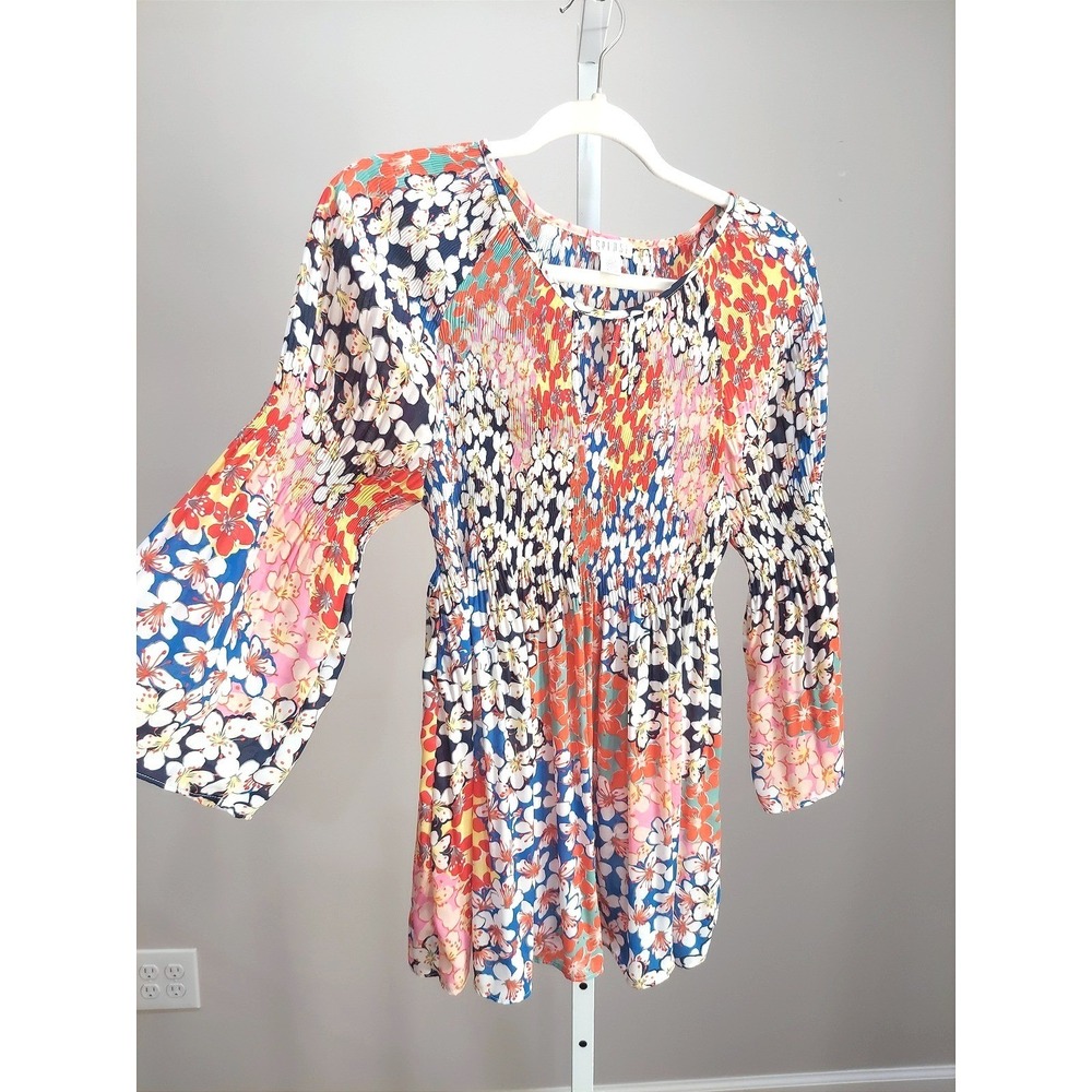 Spense Floral Pleated Bell Sleeve Blouse Top Multicolor Size M Whimsy Boho